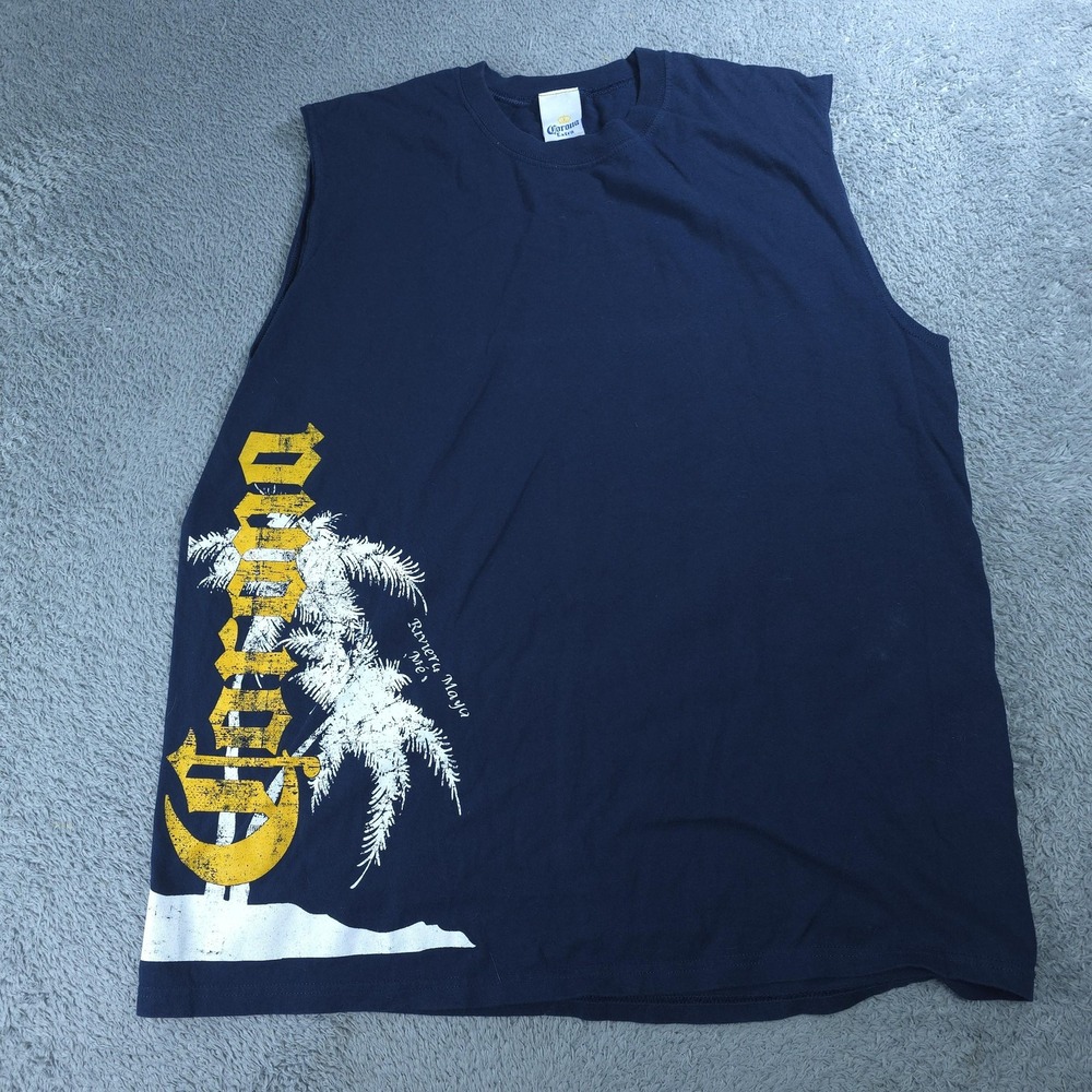 Corona Extra Sleeveless Shirt Mens XL Navy Blue Riviera Maya Mexico Beer Logo